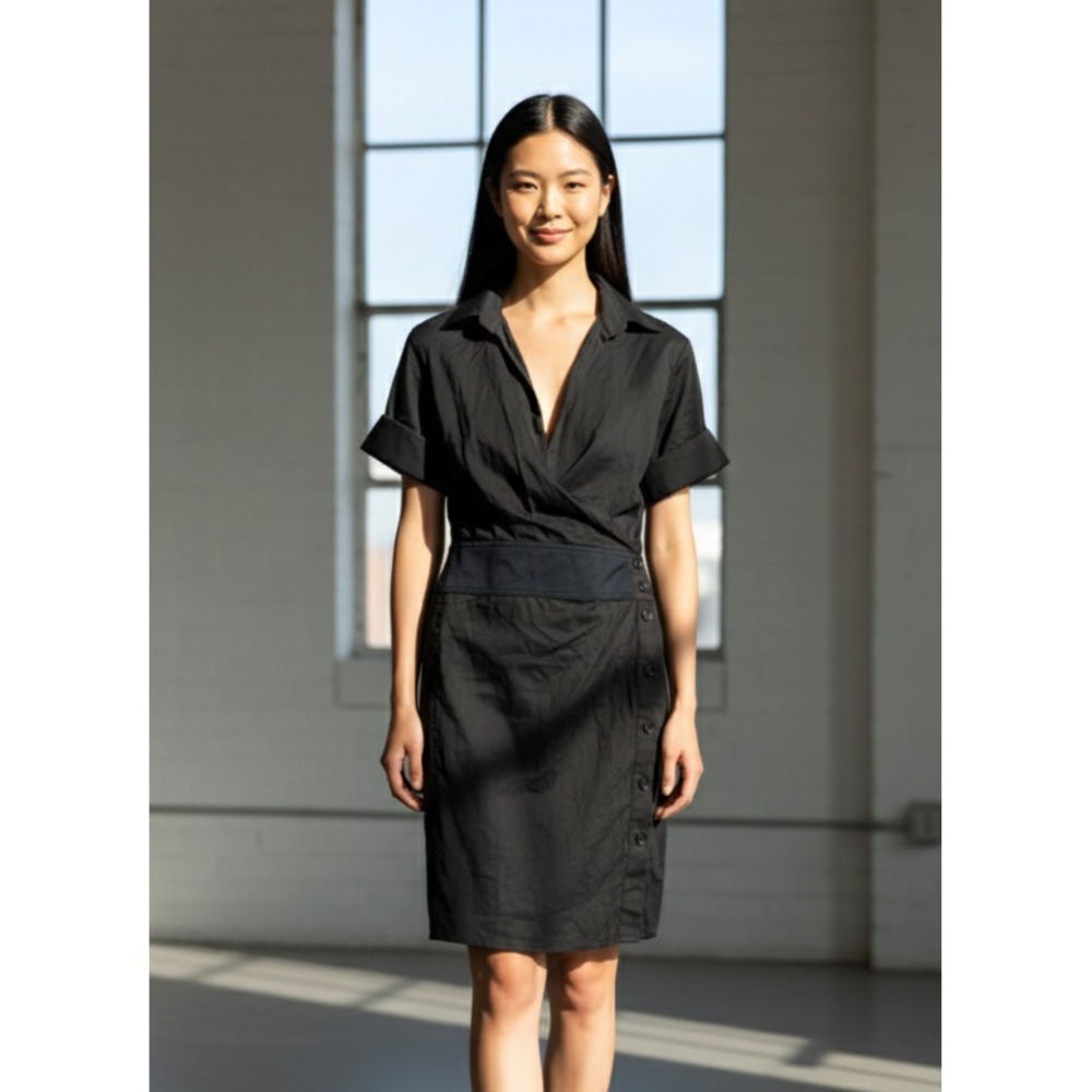 Helmut Lang Mini Wrap Dress Womens Small Black Cotton Side Button Cuffed Sleeve